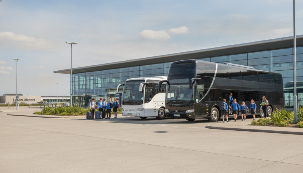 Premium Coach Hire for School Trips Departing from Luton — executive coach meeting a group at Luton Airport