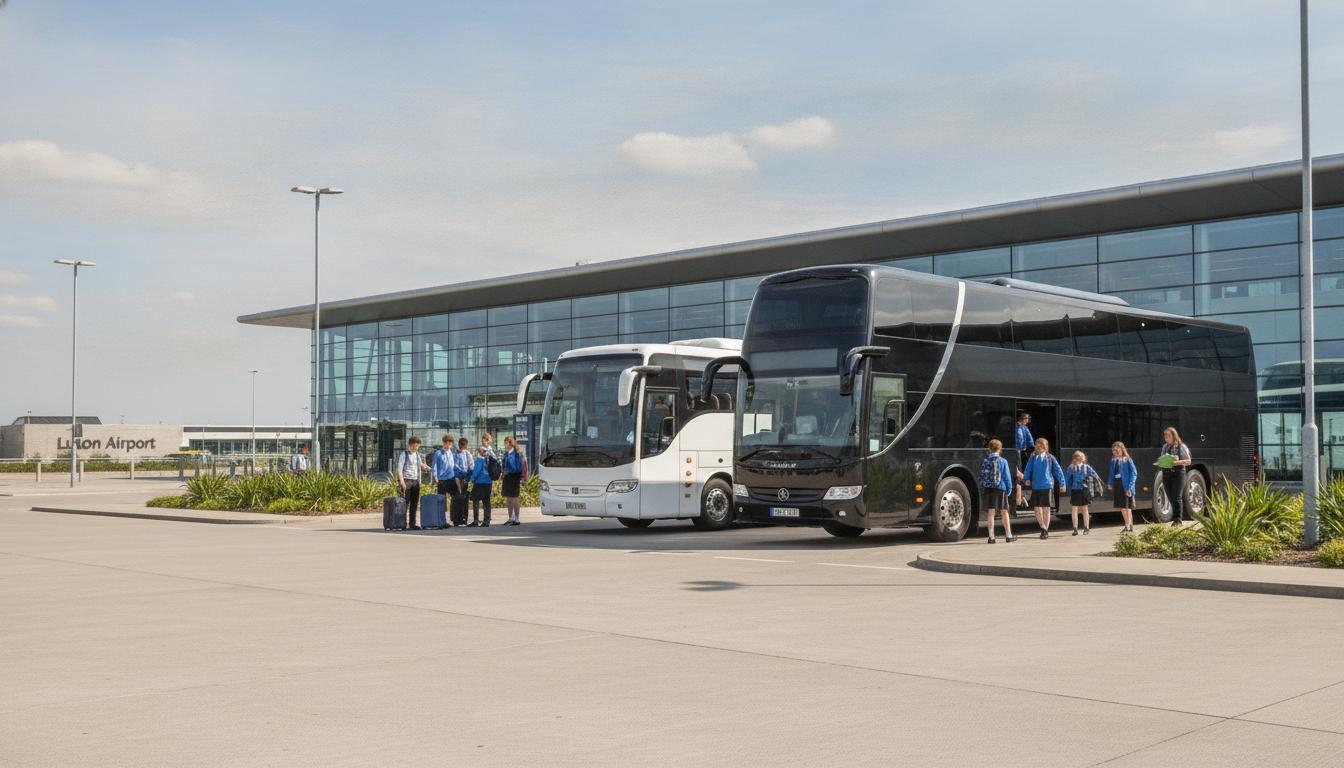 Premium Coach Hire for School Trips Departing from Luton — executive coach meeting a group at Luton Airport