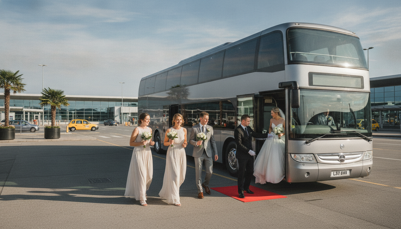 Seamless Wedding Guest Transport from Luton Airport — executive coach meeting a group at Luton Airport