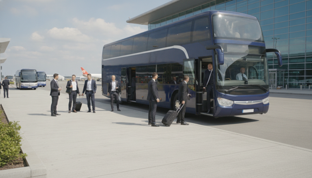 Stress-Free Corporate Event Transfers from Luton Airport — executive coach meeting a group at Luton Airport