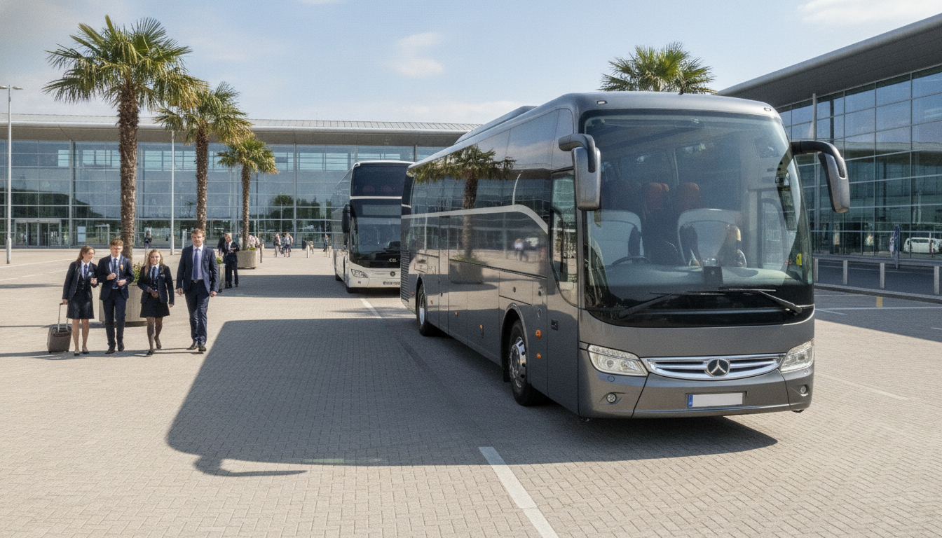 Ensuring Safety: Coach Travel for School Excursions from Luton — executive coach meeting a group at Luton Airport