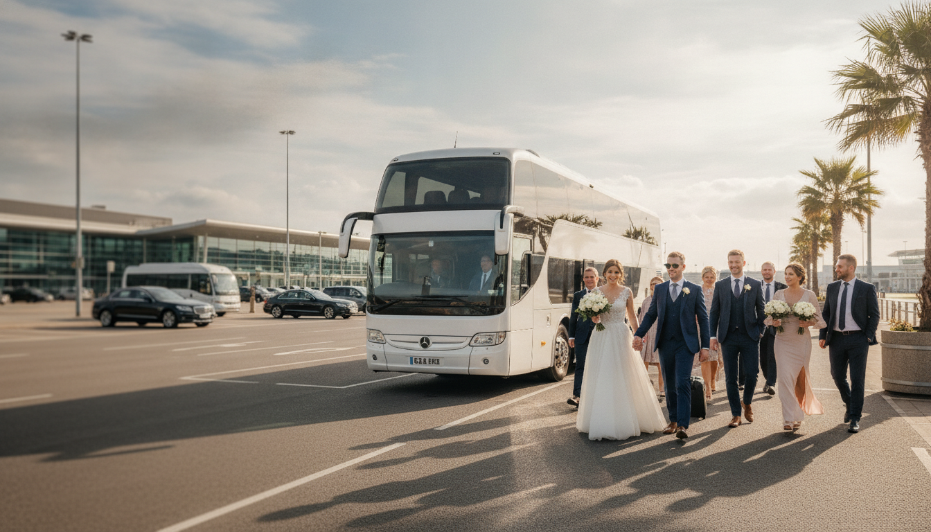 Bridal Party Arrivals: Elegant Coach Transfers from Luton — executive coach meeting a group at Luton Airport